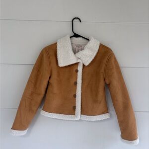 Sincerely Jules Girls Size 12 Faux Suede Sherpa Coat Tan White Trim Buttons 70s